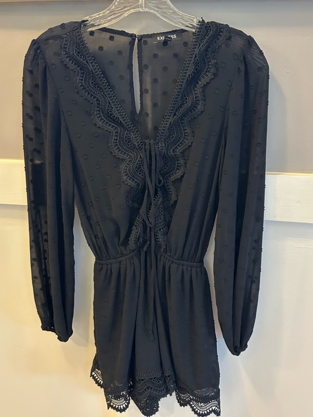 Express Black Swiss Dot Lace-Trim Romper